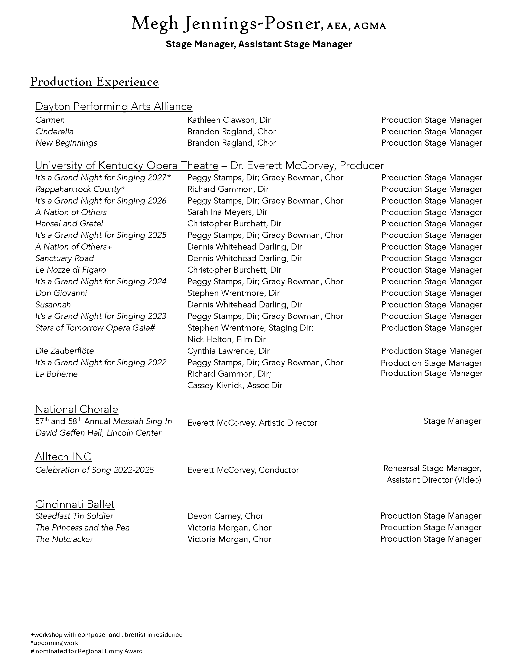 A resume or curriculum vitae for Megh Jennings-Posner, listing her professional experience and roles related to stage management and production in theater and opera. The document highlights her work with various arts organizations, productions, and her roles as stage manager and assistant stage manager.