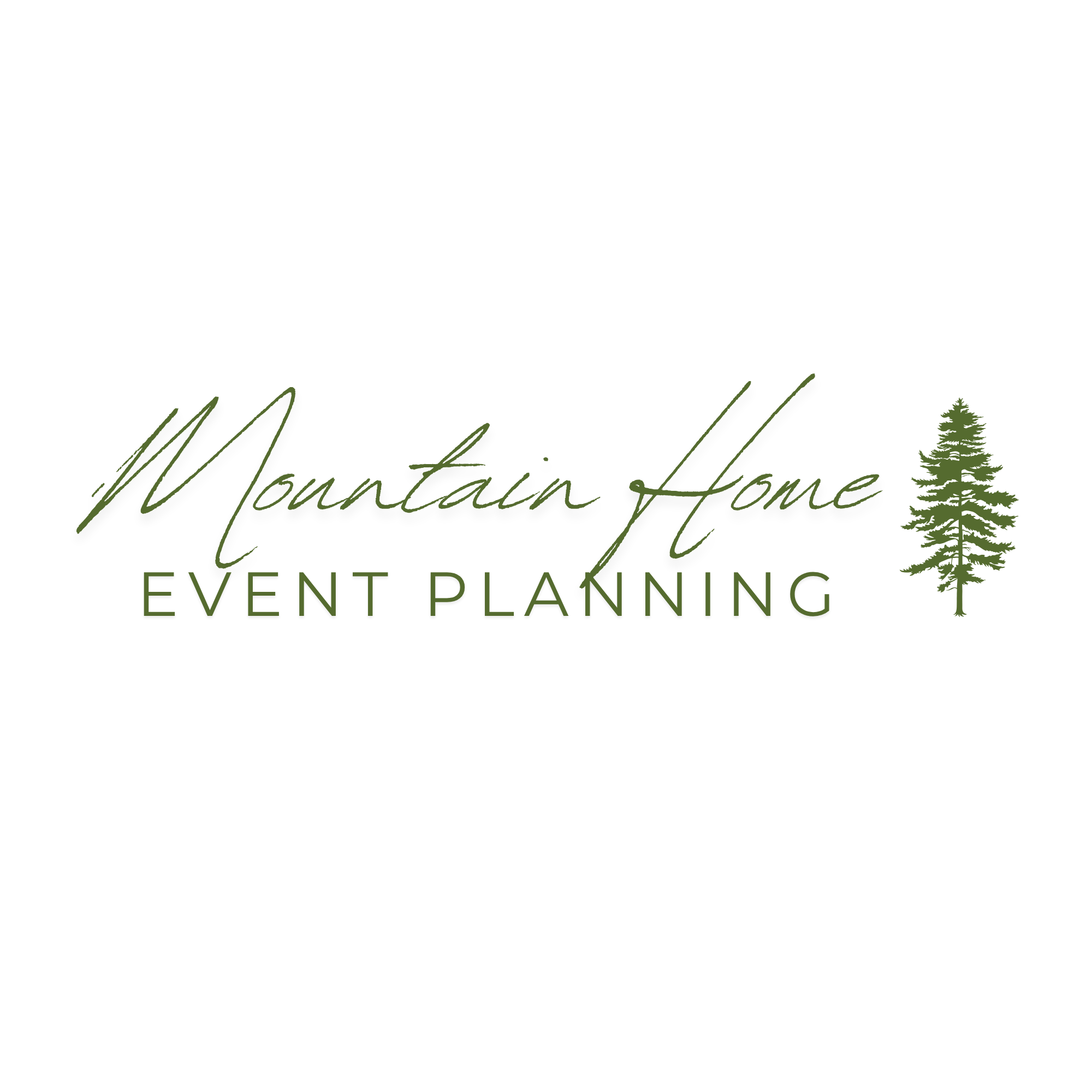 Logo for Mountain Home Event Planning, featuring a pine tree graphic and elegant script font on a black background.