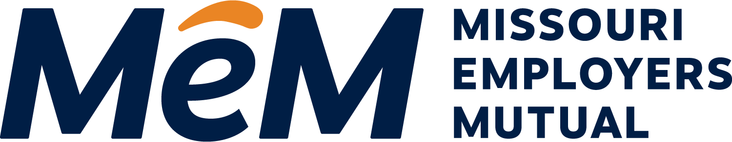 Logo for Missouri Employers Mutual, with large stylized 'MeM' in dark blue and an orange accent over the 'e', and the full name 'Missouri Employers Mutual' written to the right.