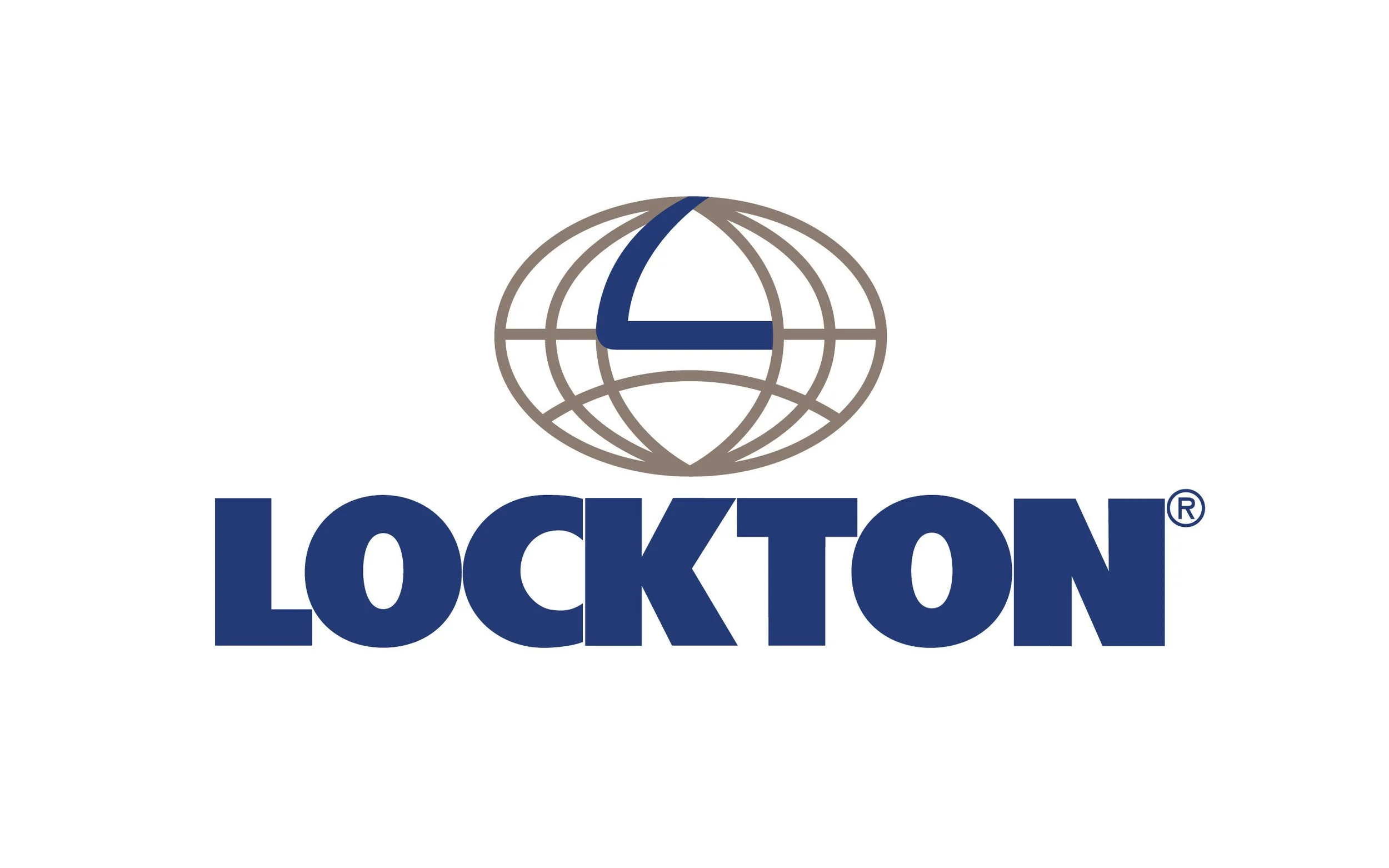 Logo of Lockton, featuring a globe with intersecting lines and a dark blue 'L' shape, with the word 'Lockton' in bold blue letters beneath.