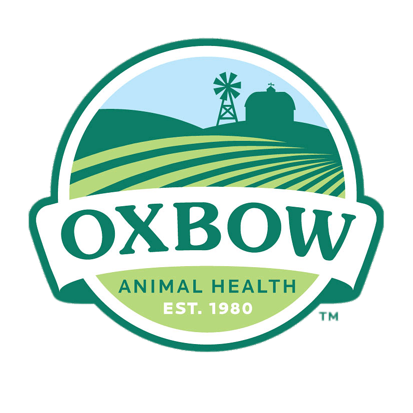 Oxbow Animal Health logo featuring a landscape with a windmill and barn on rolling hills, with the words 'Oxbow Animal Health EST. 1980'
