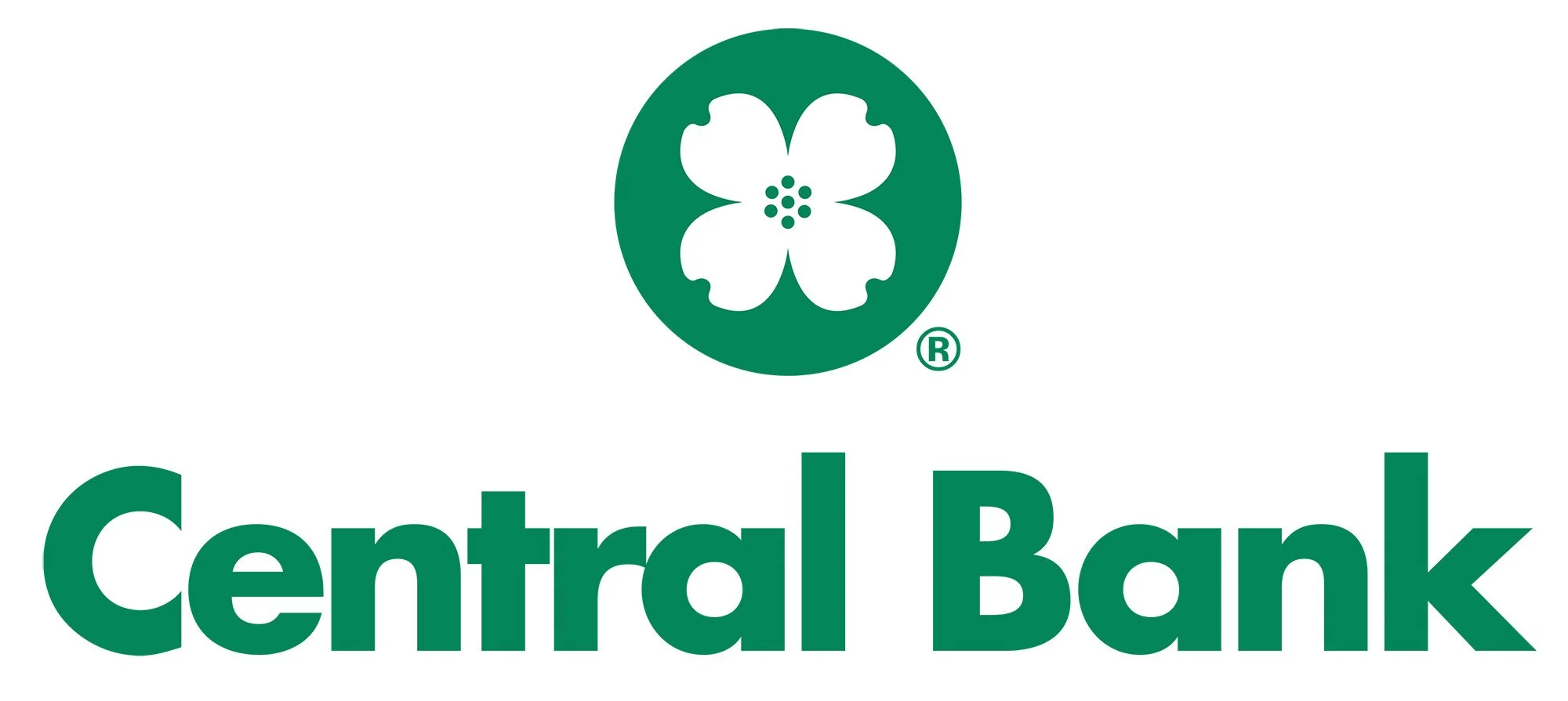 The logo of Central Bank featuring a white flower with five petals inside a green circle, with the words 'Central Bank' written below in green.