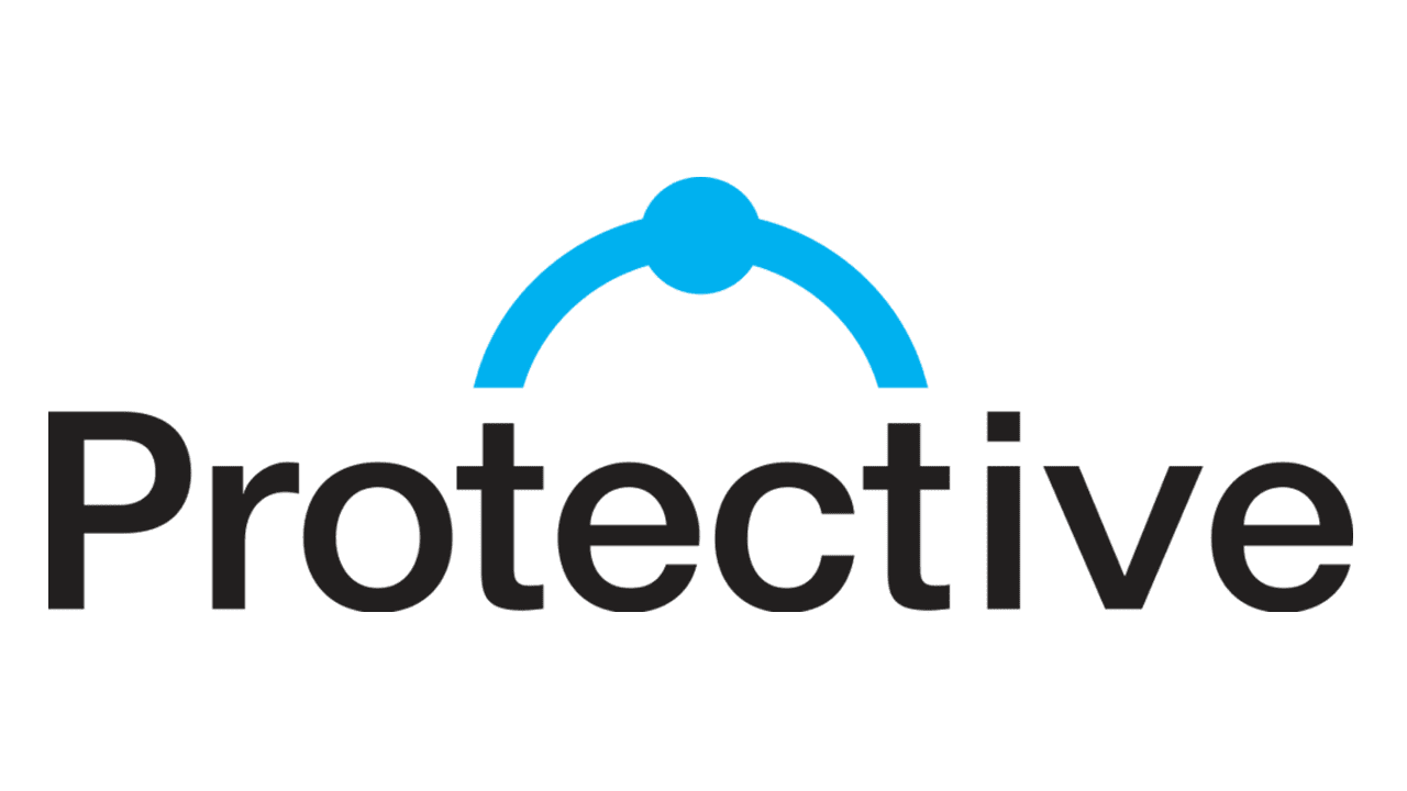 Logo with the word 'Protective' and an arch-shaped shield in blue above the text.