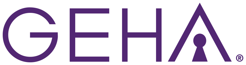 The logo for GEHA in purple text on a black background.