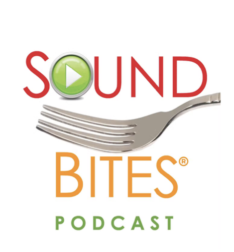 Logo for Sound Bites Podcast with the words 'Sound' in red, a green play button inside the 'O', 'Bites' in orange, and 'Podcast' in green underneath, with a fork graphic.