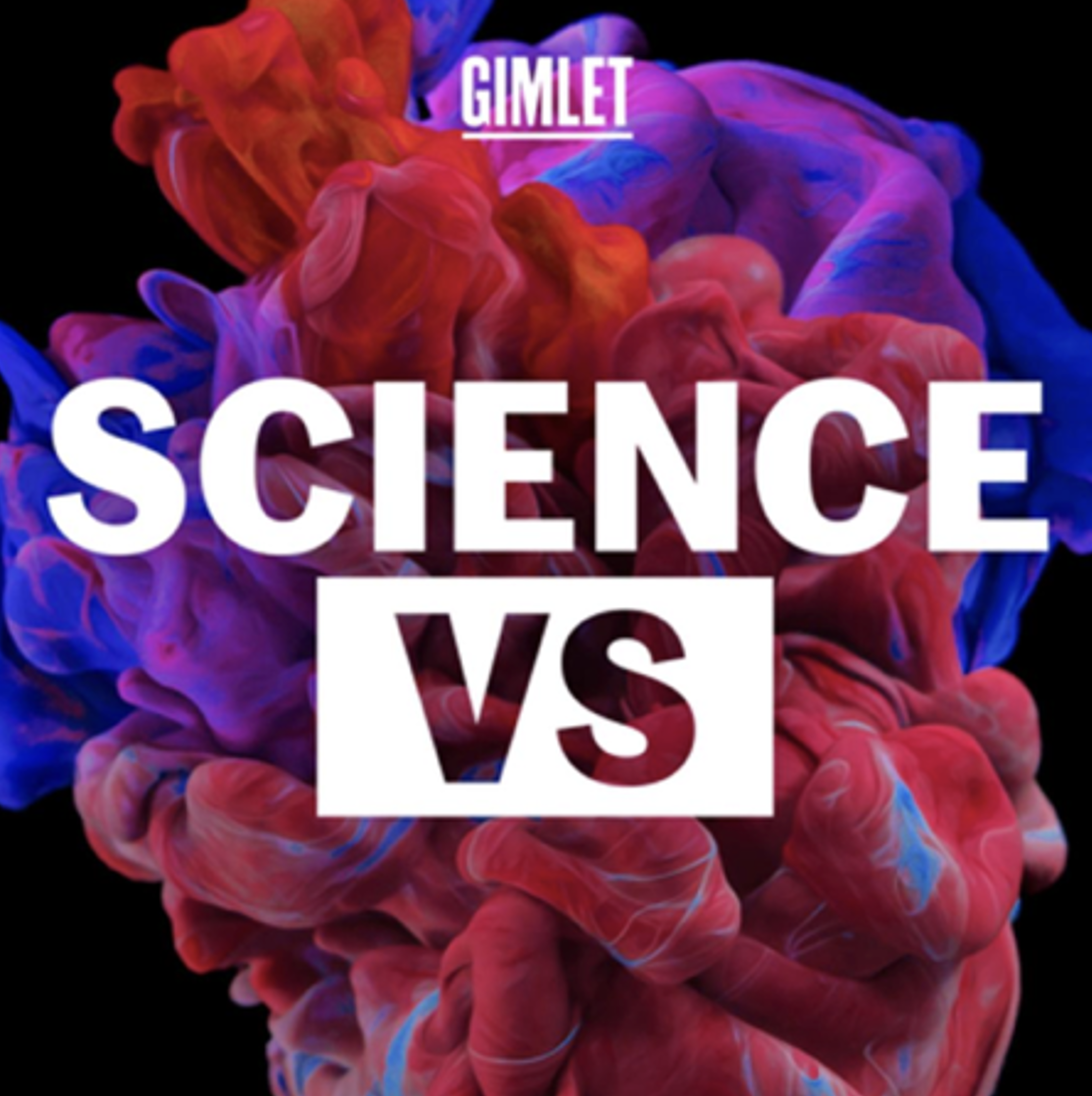 Colorful ink in water with overlay text 'Science Vs' and branding 'GIMLET' on top.