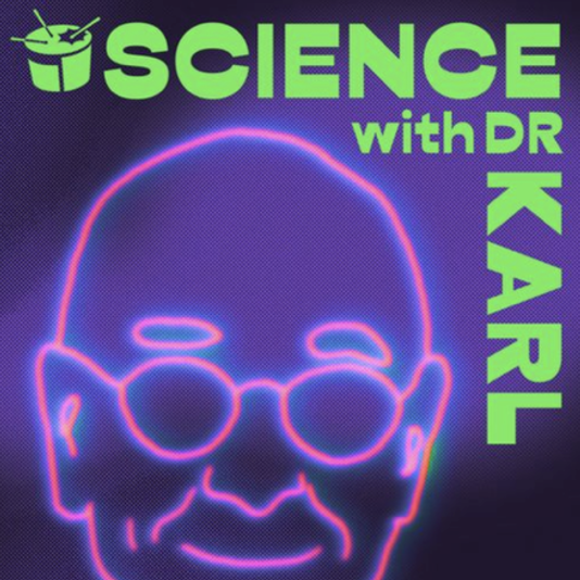 Neon outline of a smiling person's face wearing glasses, with the text 'Science with Dr. Karl' in bright green and purple on a dark background.