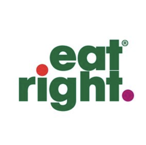 Logo with the words 'eat right' in green text, accented by a red dot above the 'a' and purple dots at the end of 'eat' and 'right'.
