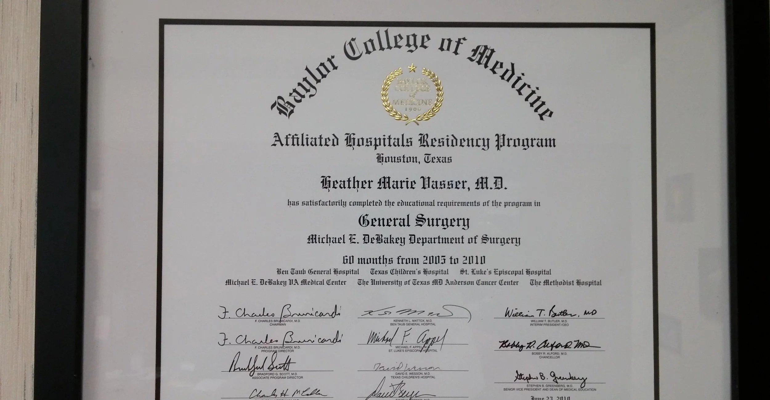 Certificate from Baylor College of Medicine awarded to Heather Marie Wasser, M.D., for completing the educational requirements in general surgery at Michael L. DeBakey Department of Surgery, Houston, Texas, from 2005 to 2010, with signatures of medical officials.