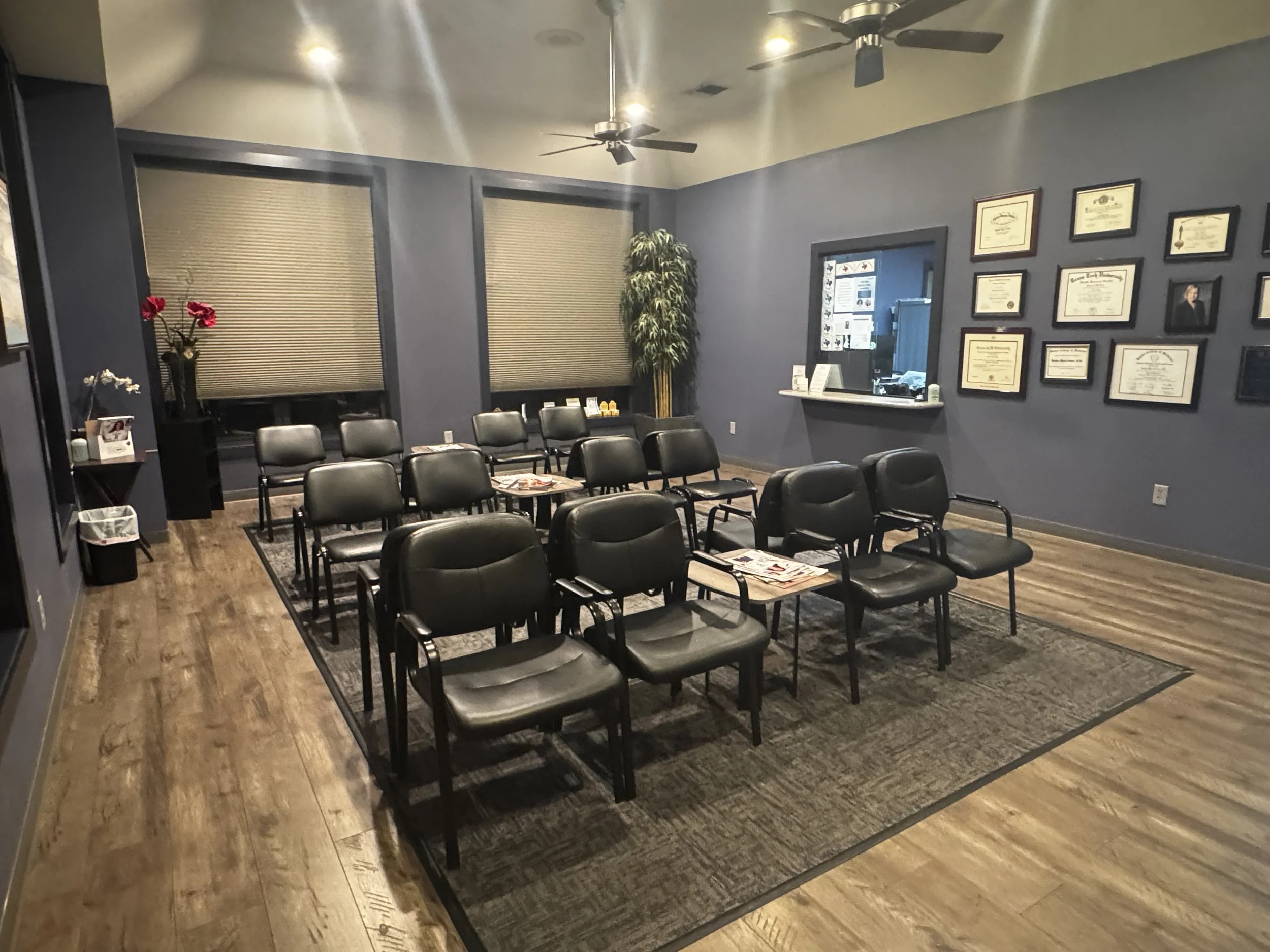 A waiting room with black chairs arranged in rows on a wooden floor, with some magazines or brochures on one of the chairs. The walls are painted dark gray, decorated with framed certificates or awards, and there are two large windows with closed blinds. A tall artificial plant is placed near the windows. There are ceiling fans and bright ceiling lights. A reception window is on the right side of the image.