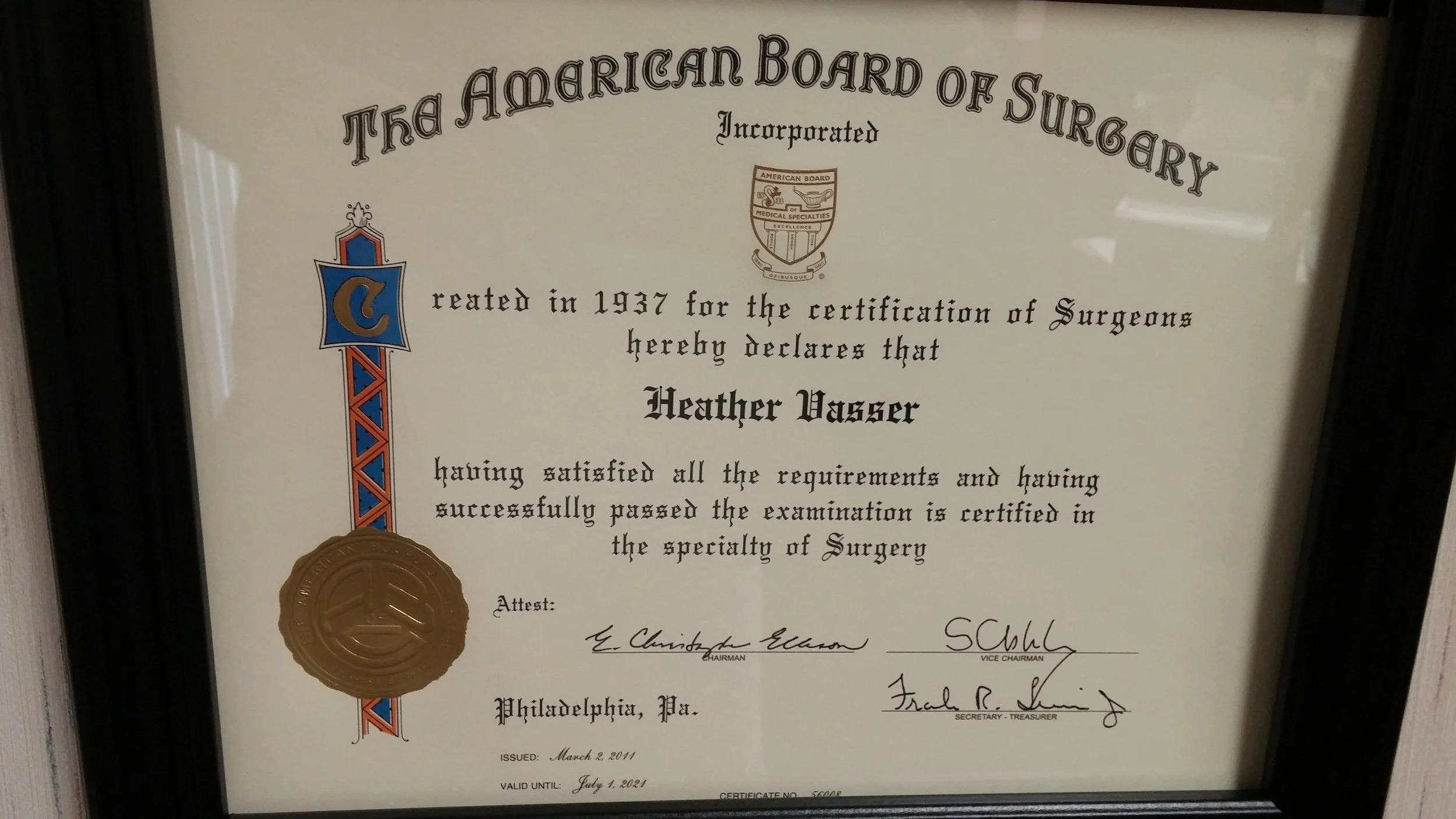 Certificate from the American Board of Surgery awarded to Heather Vasser, issued on March 2, 2011, valid until July 1, 2021, with signatures and a gold seal.
