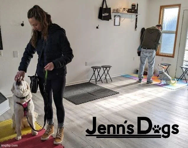 A woman standing with a dog in an indoor dog training facility. There are two small stools, a wall shelf with bags, and a man near a window in the background. The image features Jenn's Dogs logo at the bottom right corner.
