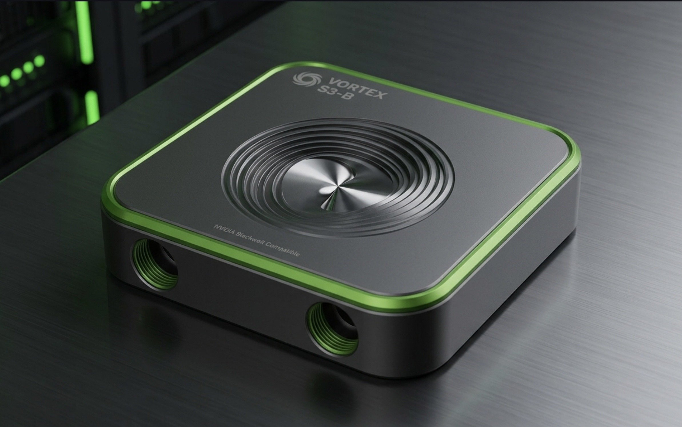 Close-up of a Vortex S3-B graphics card with green accents on a metallic surface.