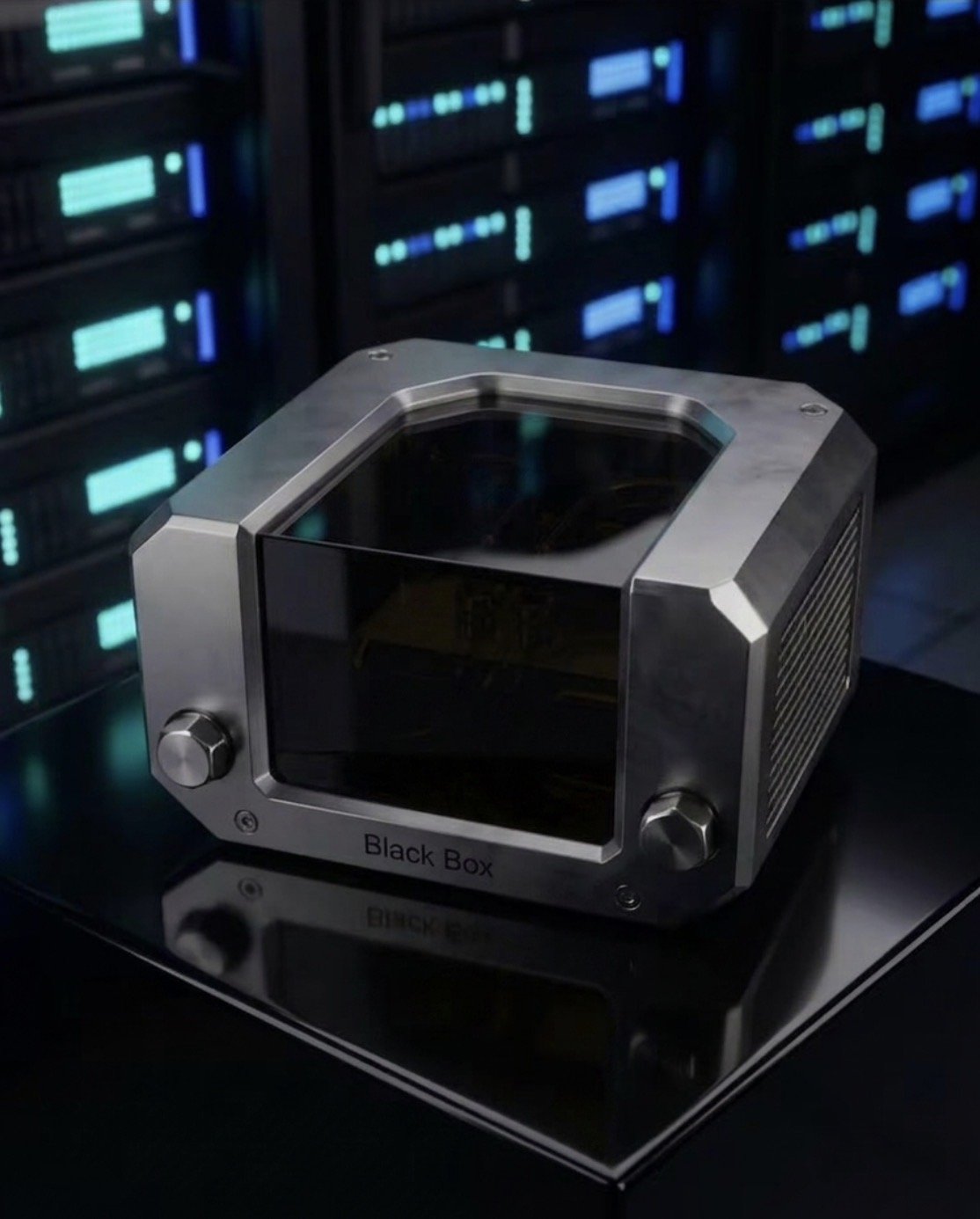 A small, metallic black box with a clear top and labeled 'Black Box,' placed on a reflective surface with server racks in the background.