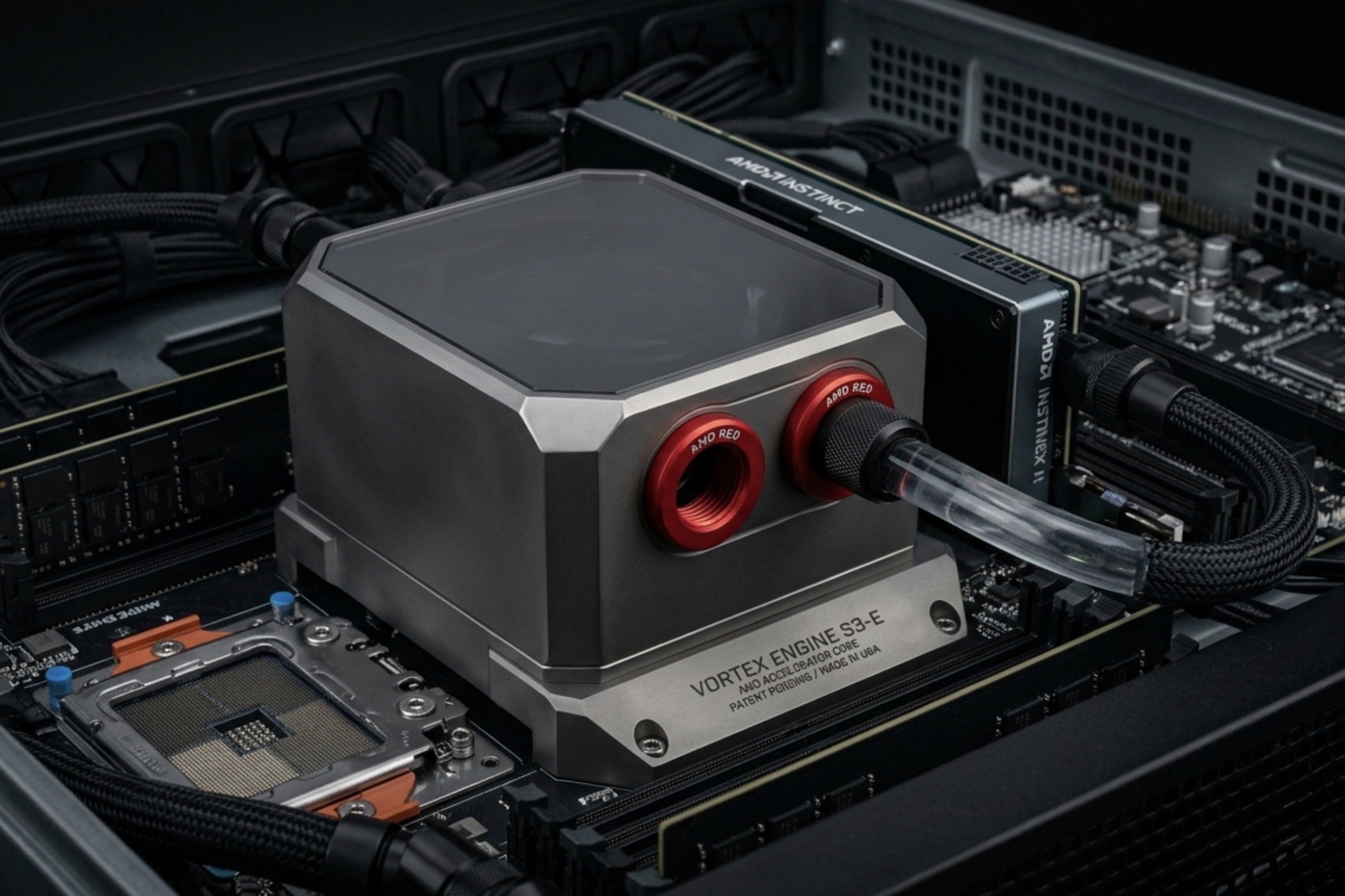 Close-up of a computer's internal hardware, showing a liquid cooling system with tubes, a CPU water block, and a graphics card installed in the motherboard.