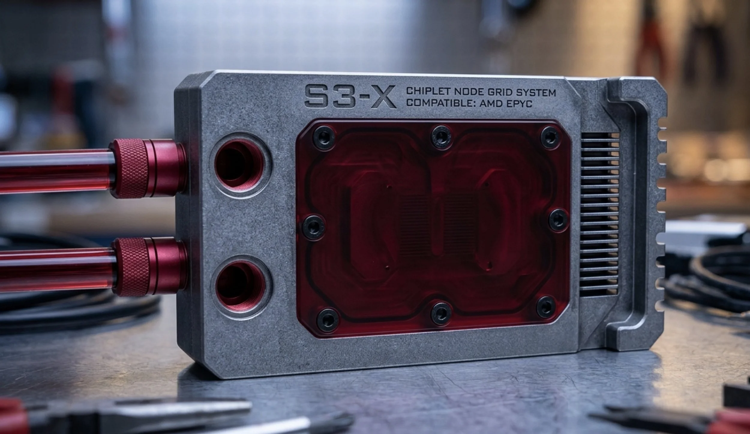 Close-up of a computer water cooling system component labeled 'S3-X Chiplet Node Grid System', with red aluminum fittings connected gas tubes, and a red water block on a metallic computer part.