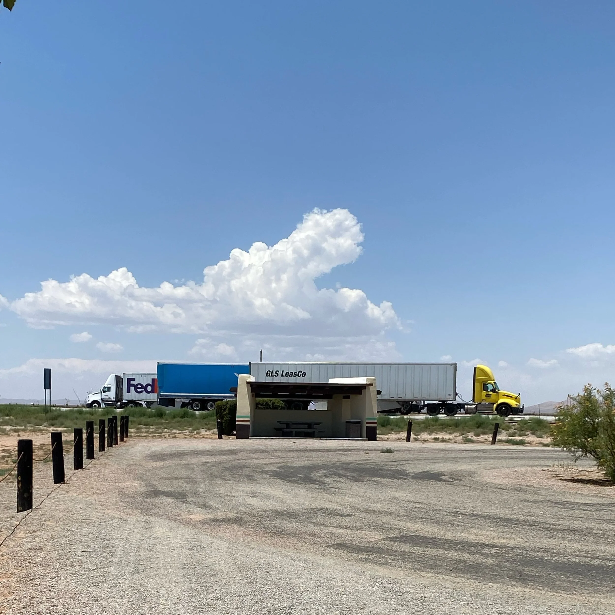 My favorite rest stop on I-10 just inside New Mexico from Arizona border. Fab Pueblo -Deco themed covered private picnic spots across NM. Busy out there on the highway!!