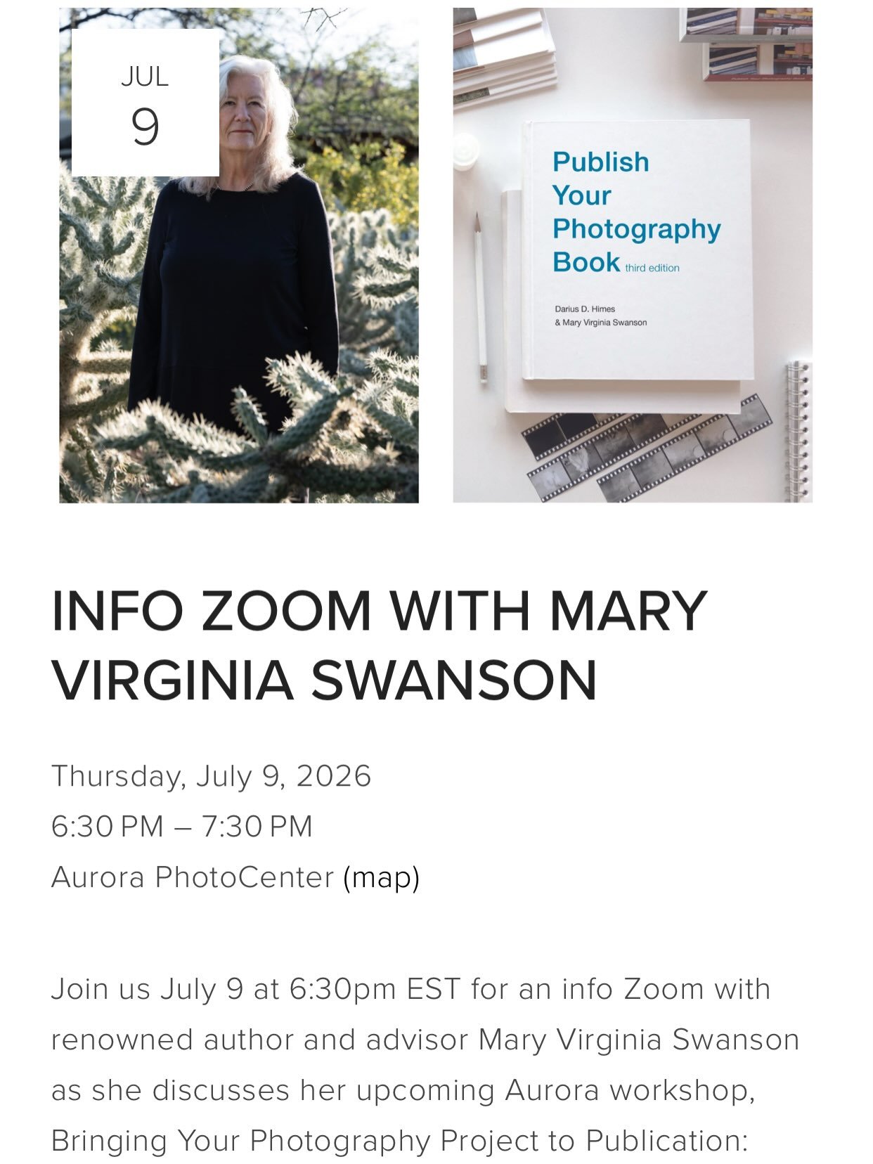 This THURSDAY (online): I am looking forward to teaching a workshop at Aurora PhotoCenter this fall! 

For those of you interested in learning more about what I will cover, join me in conversation with founder and Director Mary Goodwin this Thursday 
