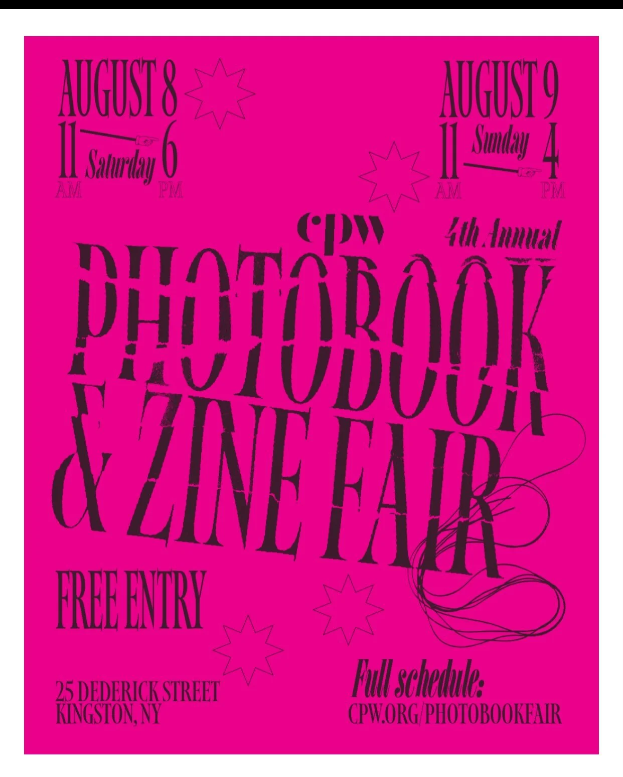 KINGSTON, NY: Save the date: CPW&rsquo;s 4th Annual Photobook and Zine Fair is coming up: August 8 &amp; 9, 2026

Fantastic programming, too!
Full schedule and details: 

www.cpw.org/photobookfair

#cpwphotobookfair2026
#photobookfair2026
@cpw_kingst