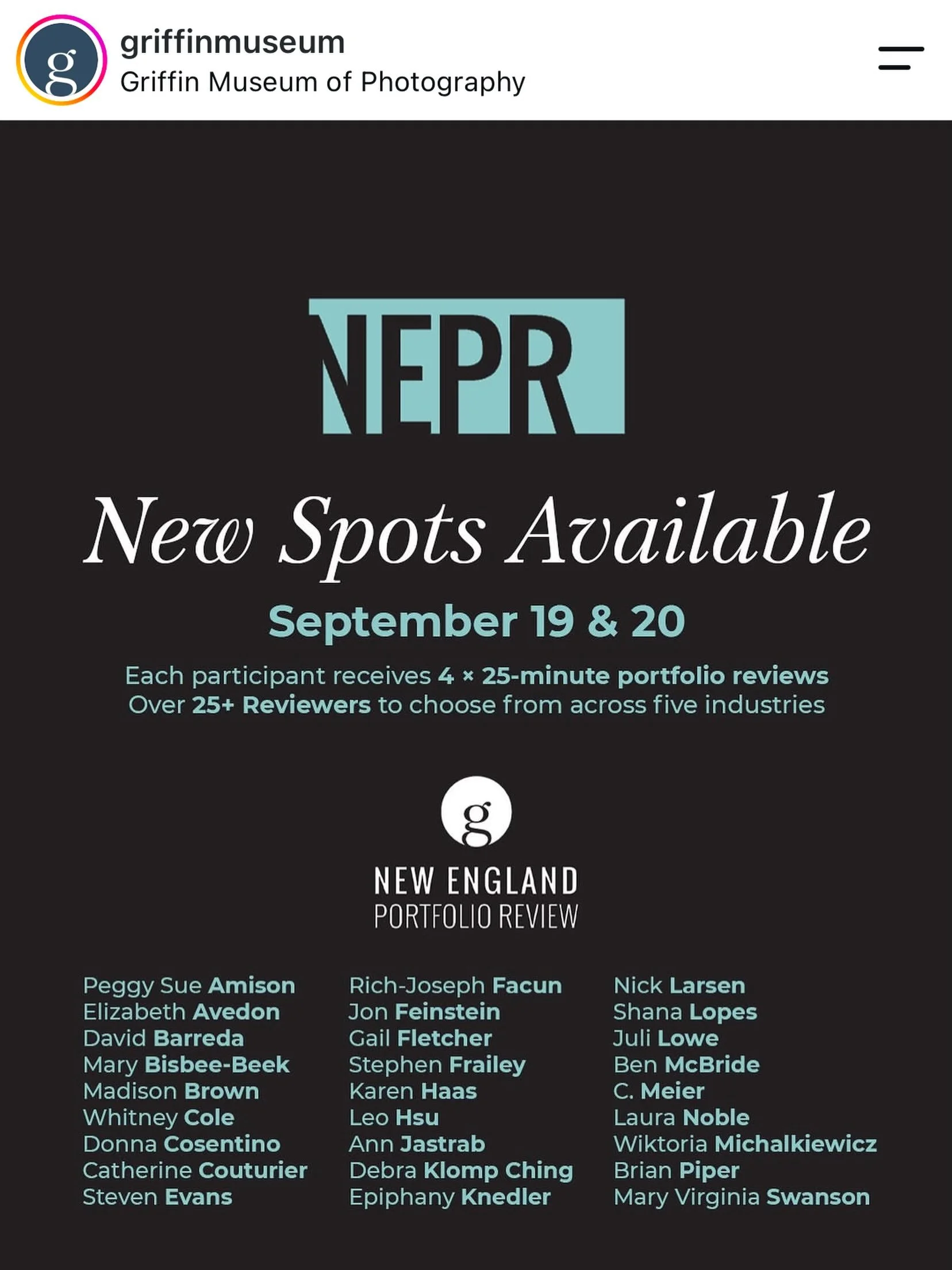 This just in: additional spaces have opened up to this previously sold-out online portfolio review. See you and your work there?

@griffinmuseum #newenglandportfolioreviews2026
#onlineportfolio2026