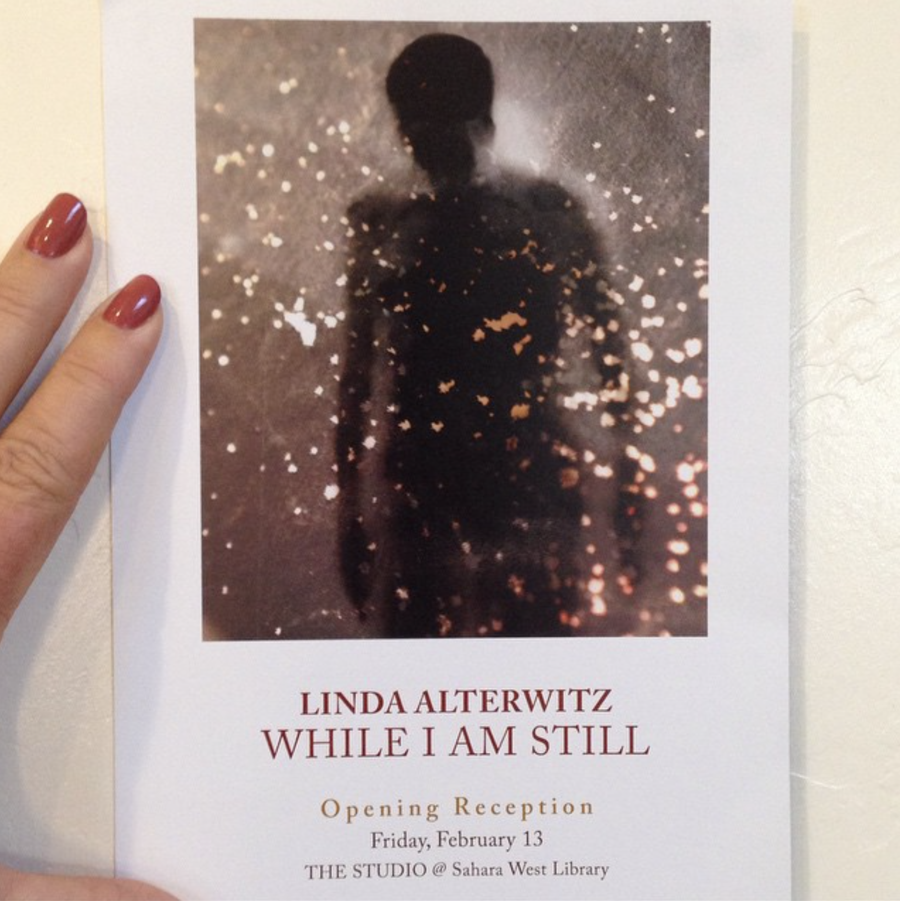 February 13, 2015 - 

TONIGHT in Las Vegas: opening reception for "While I Am Still" the mid-career retrospective of the work of Linda Alterwitz, exploring the edges of art & science, is the first Artist In Residence at Sahara West. On view at The St