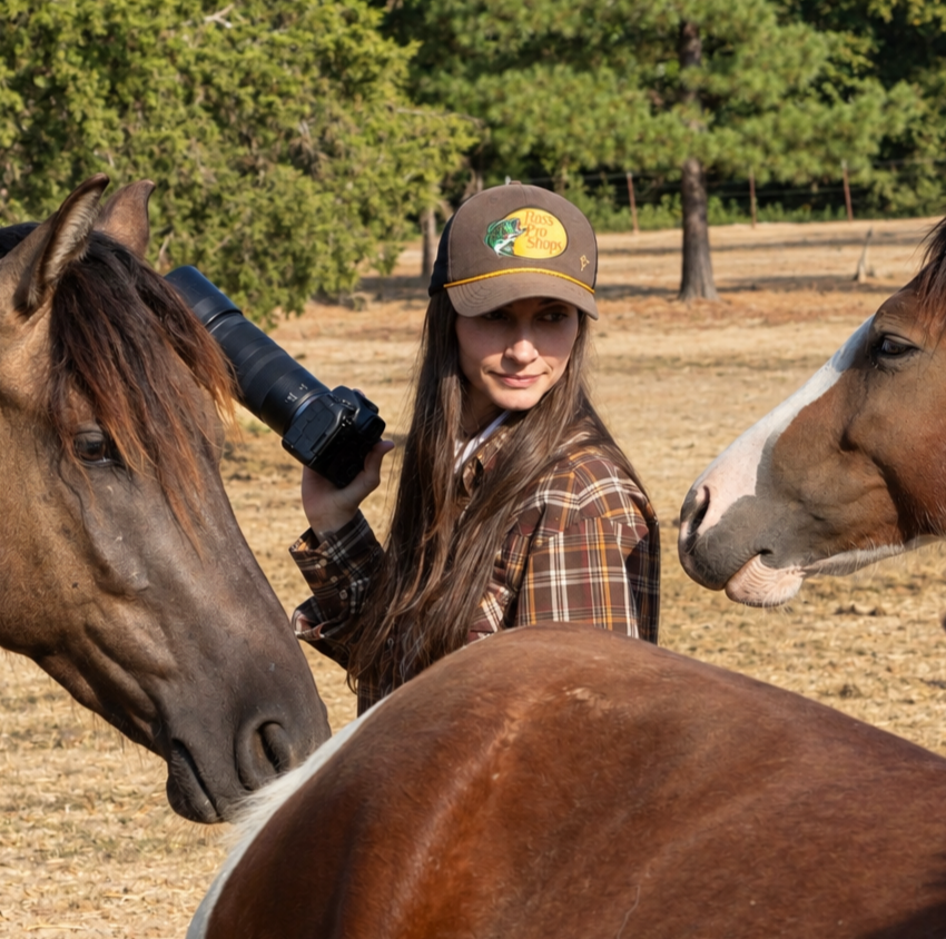 woman photographer with horses