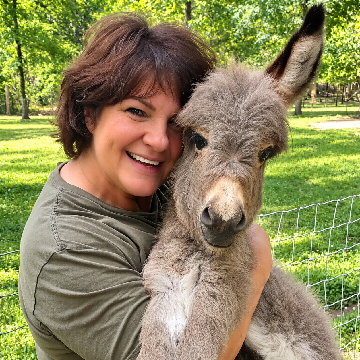 A woman smiling and hugging a baby donkey outdoors in a green park with trees and a fence in the background.