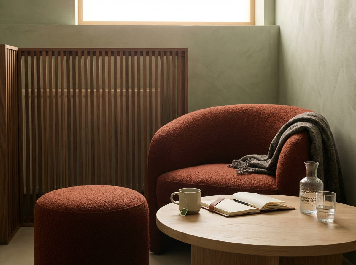 A cozy living corner with a rust-colored loveseat, matching ottoman, a wooden side table with a mug, open notebook, pen, and glass water pitcher and glass, and a gray scarf draped over the loveseat, with soft natural light coming through a window.