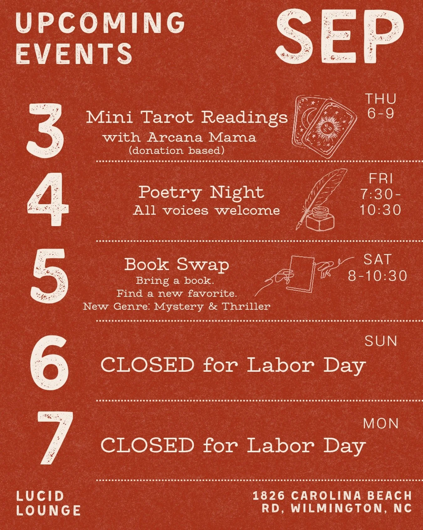 September starts here.

This week at Lucid Lounge: mini tarot readings, poetry night, and a mystery &amp; thriller book swap.

Come by for a reading, share something you&rsquo;ve written, trade a book, or just spend some time in the space.

We&rsquo;