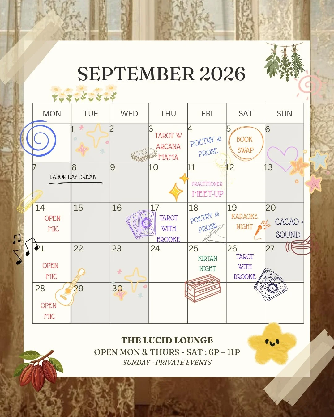September at The Lucid Lounge 🍂🔮✨

A full month of music, stories, connection, creativity &amp; a little bit of magic:

🔮 Sept 3 &mdash; Tarot with @arcanamama 
Drop into the lounge for an evening of intuitive guidance and tarot readings.

✍️ Sept