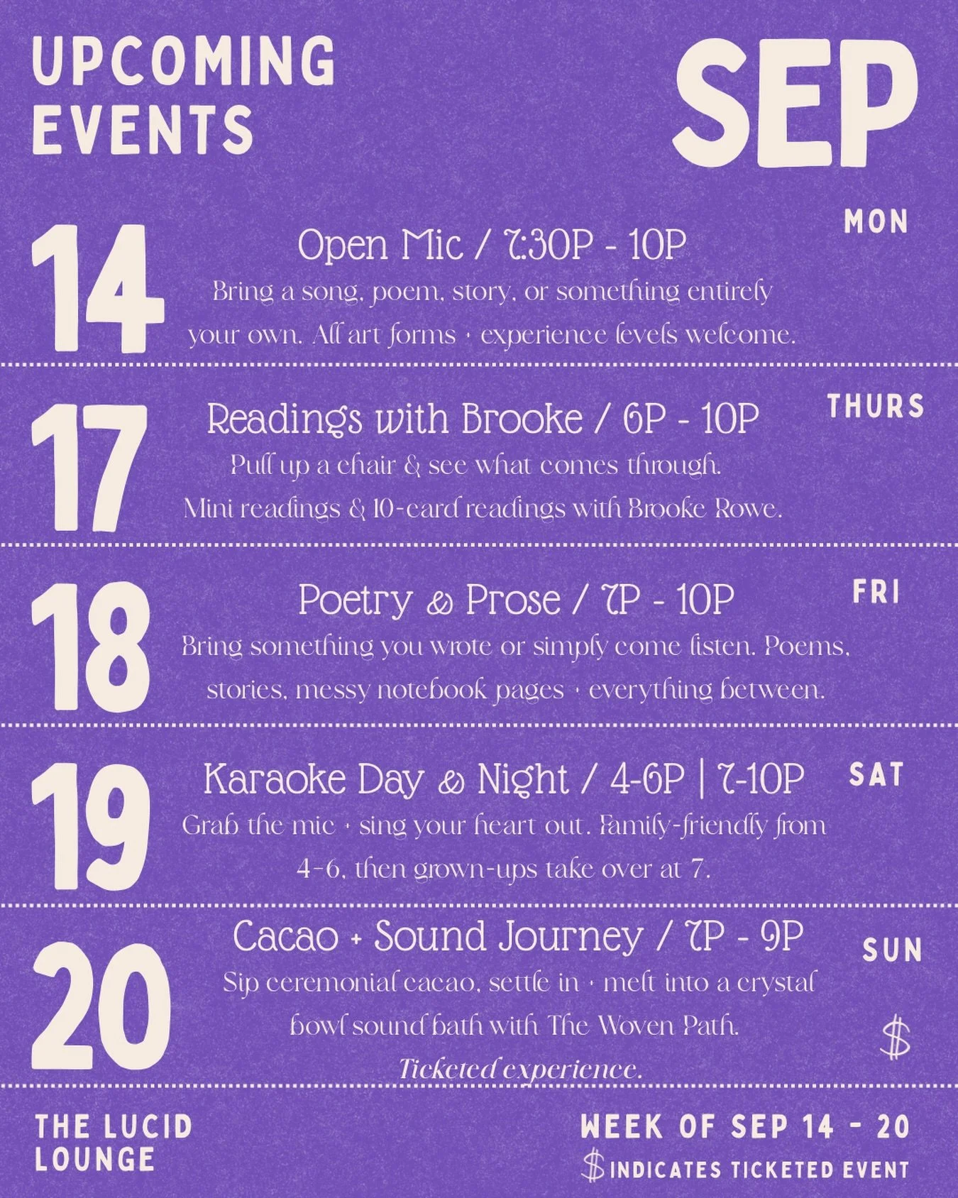 This week at The Lucid Lounge is a little bit music, a little bit magic, a little bit &ldquo;I didn&rsquo;t plan on staying this long but here we are.&rdquo;

🎤 MON 9/14 &bull; Open Mic &bull; 7:30&ndash;10P
Bring a song, poem, story, instrument, or