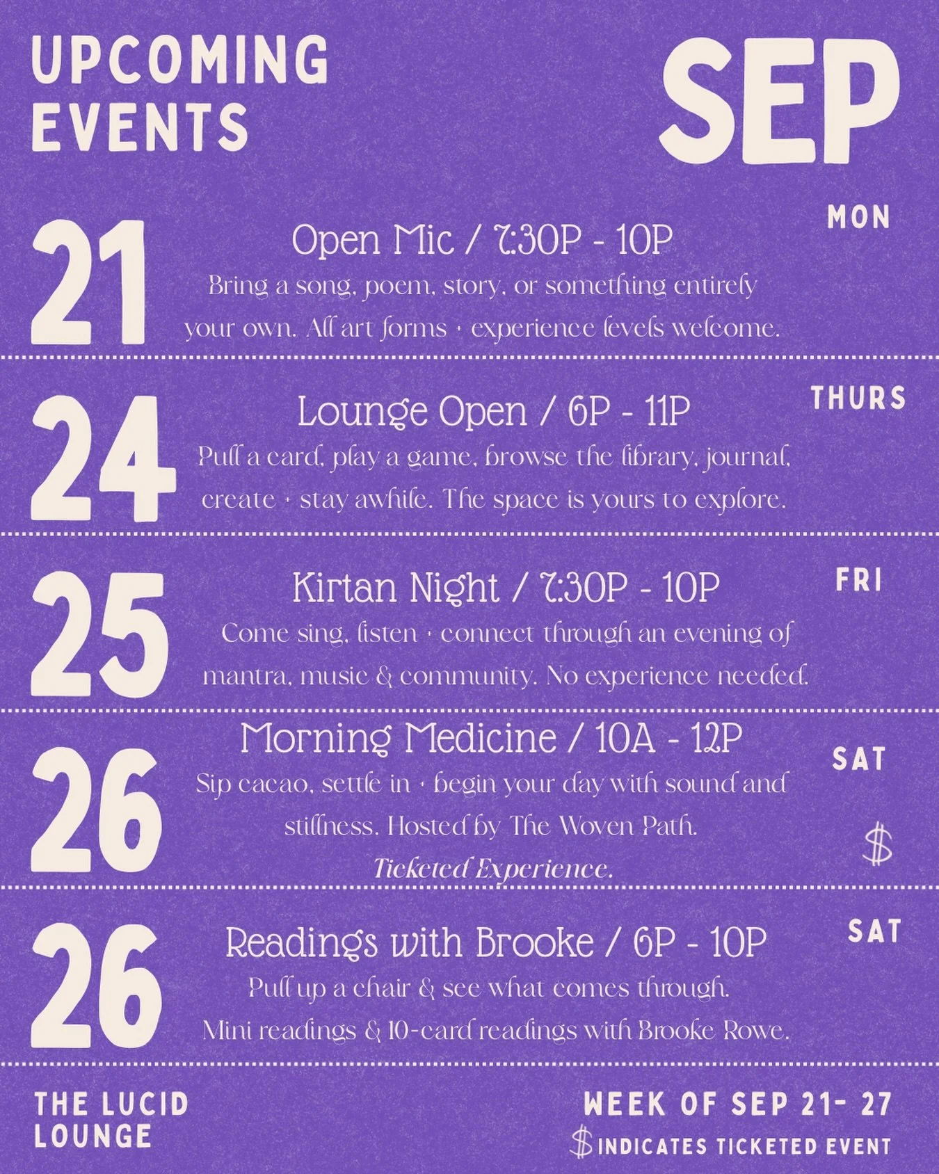 this week at the lounge ☁️🔮🎶

a little music, a little mantra, a little magic &amp; plenty of reasons to leave the house.

🎤 MONDAY: bring something to share at Open Mic
🛋️ THURSDAY: no agenda. just come exist with us
🎶 FRIDAY: sing + settle in 