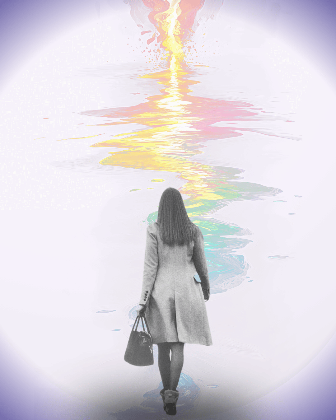A woman in a gray coat walking towards a colorful reflection in water, carrying a black bag.
