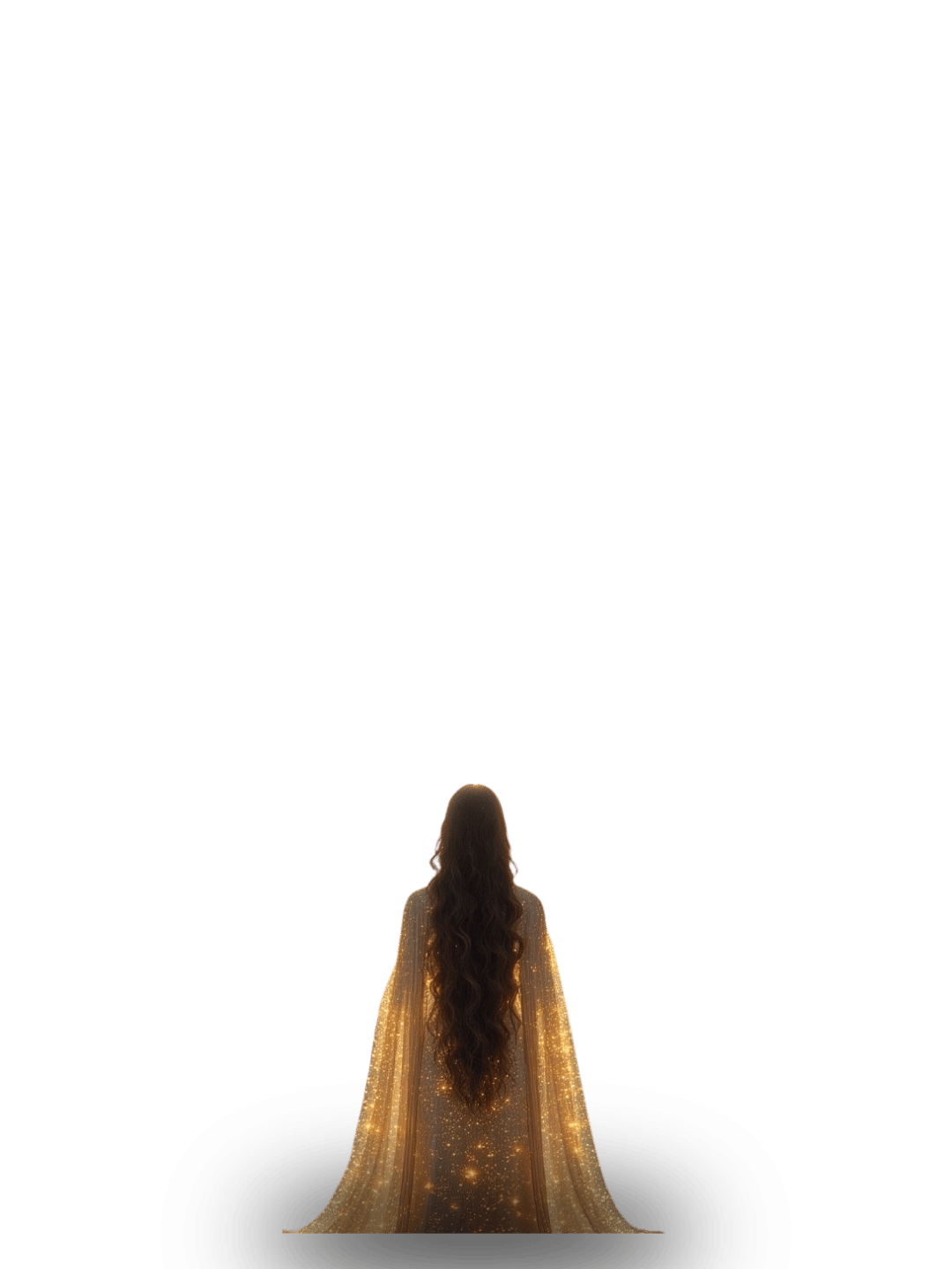 A woman with long, wavy hair, wearing a glowing, starry, gold-colored cloak, is facing away and standing on a black background.