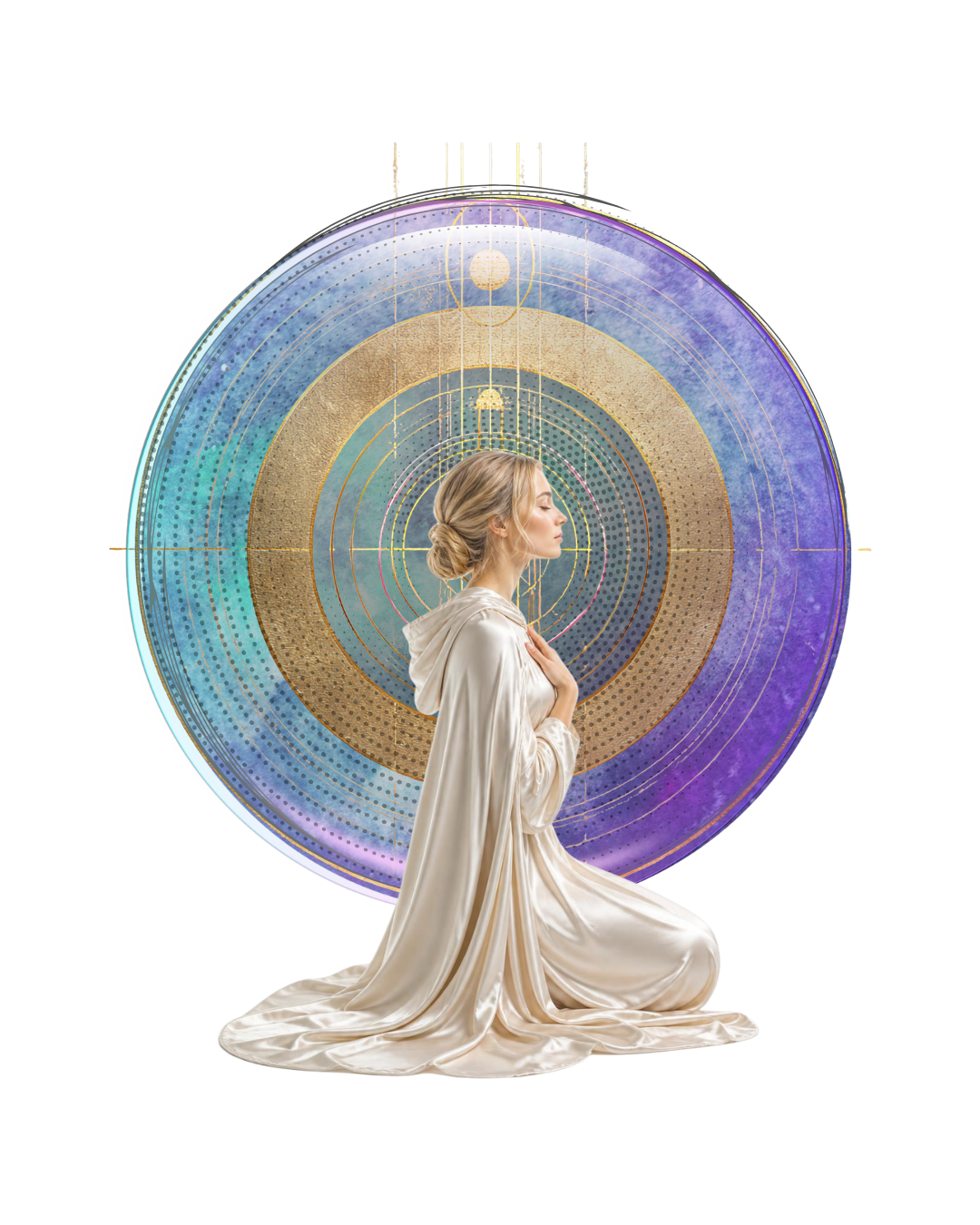 Woman kneeling in a beige robe with hand on chest, in front of a large abstract circular background with geometric patterns and gold accents.