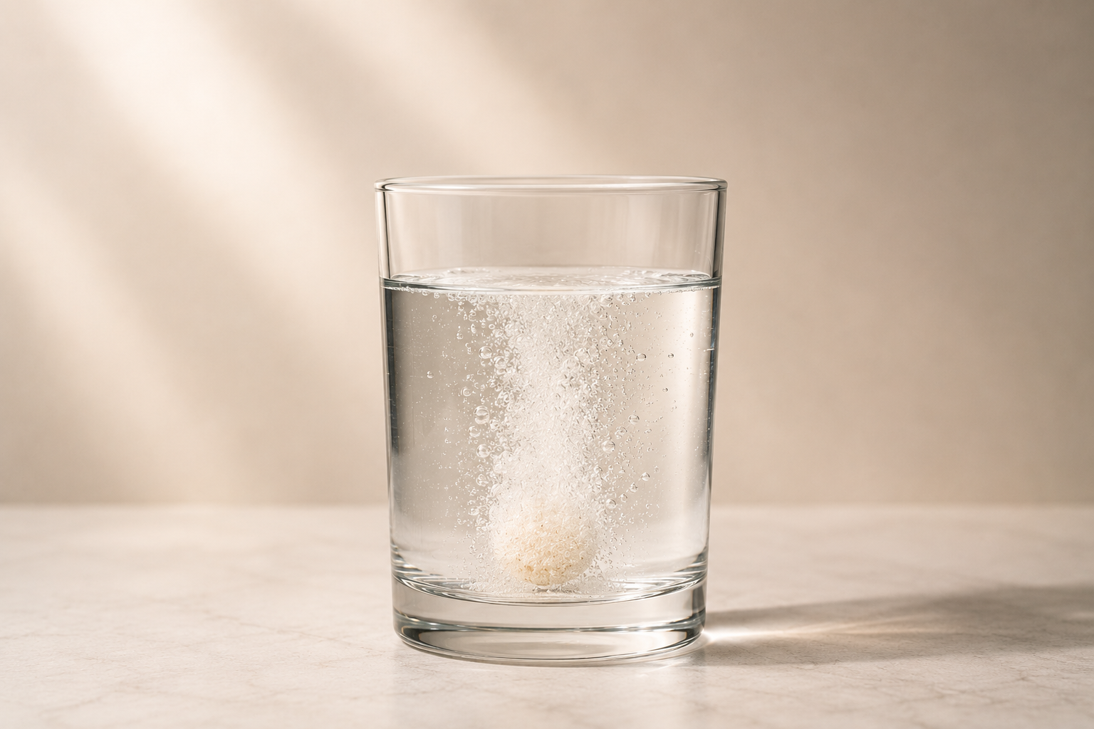 Glass of water with ice cube dropping into it, creating bubbles.