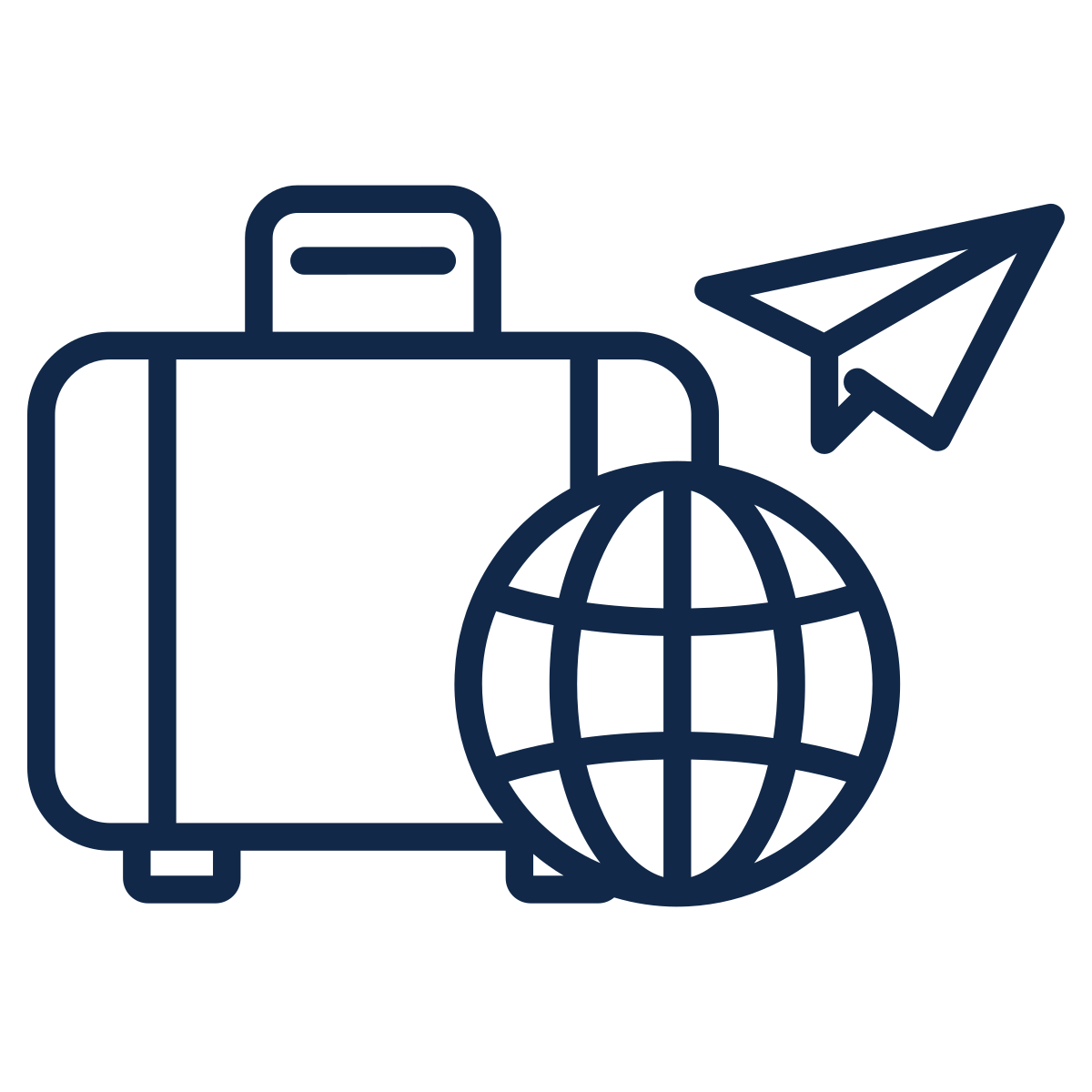 Travel luggage with globe and paper airplane icons, symbolizing travel and international trips.