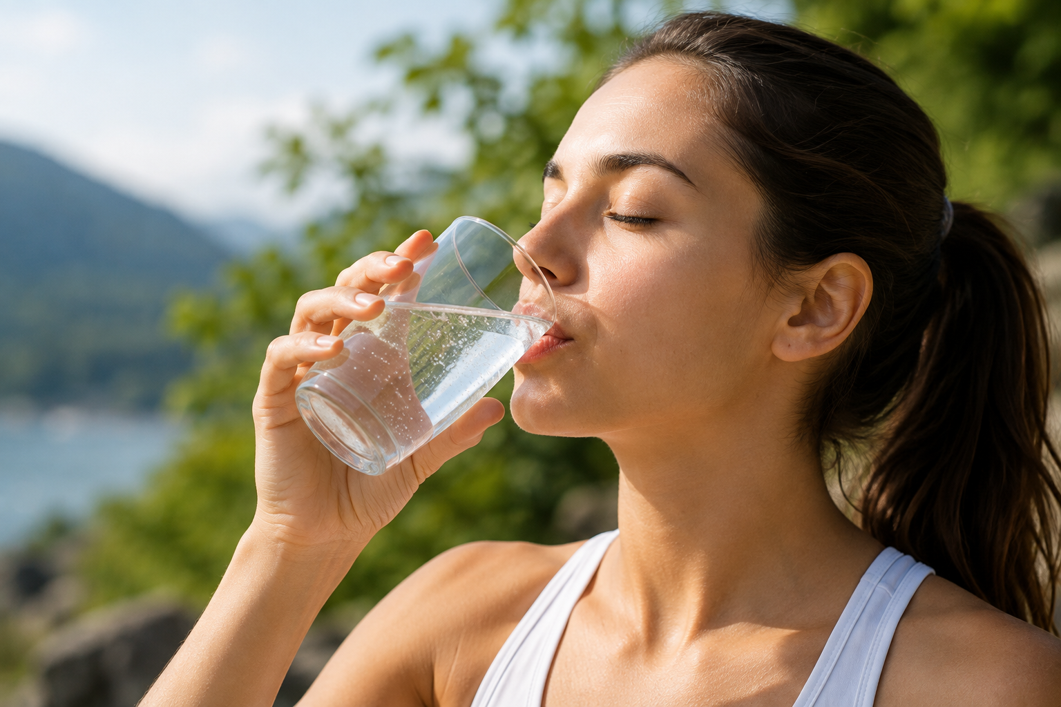 A woman with brown hair pulled back, wearing a white tank top, is drinking a glass of water outdoors near a body of water with mountains and green trees in the background.