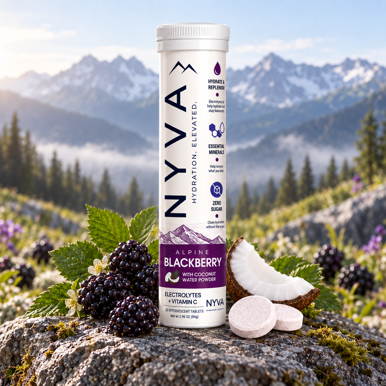 A cylindrical container of NYVA Alpine Blackberry dietary supplement tablets surrounded by blackberries, a halved lemon, green leaves, and three pink effervescent tablets against a light pink background.