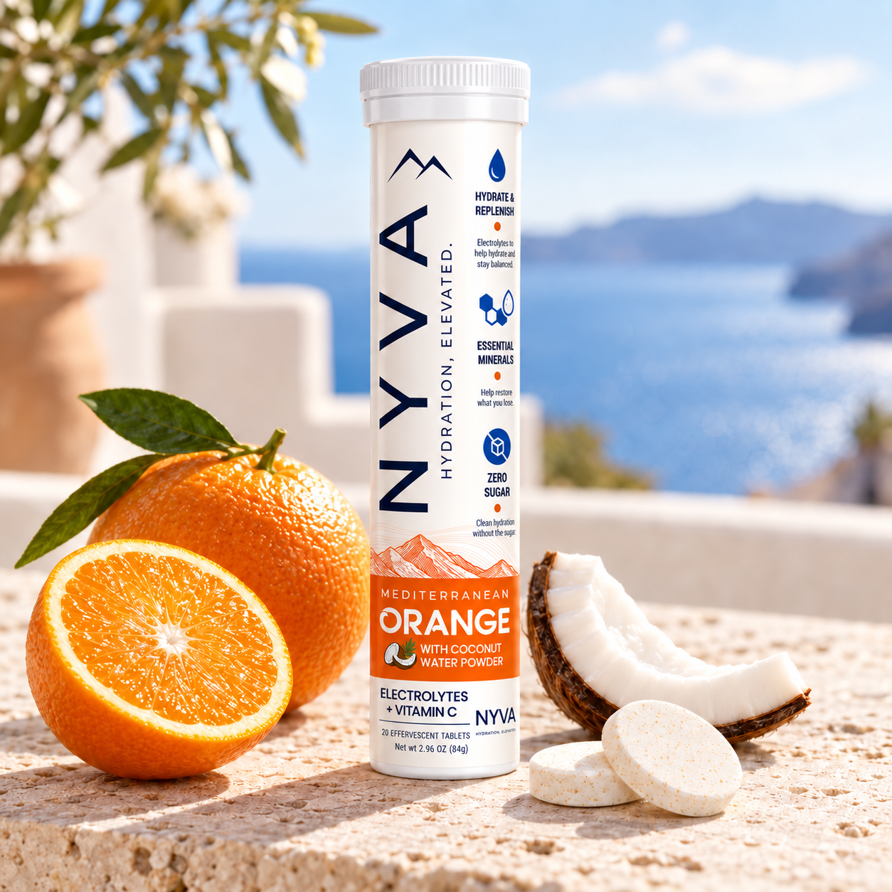 A white container of NYVA Vitamin C dietary supplement tablets with orange flavor, positioned among a halved orange, a whole orange, and three round effervescent tablets against a beige background.