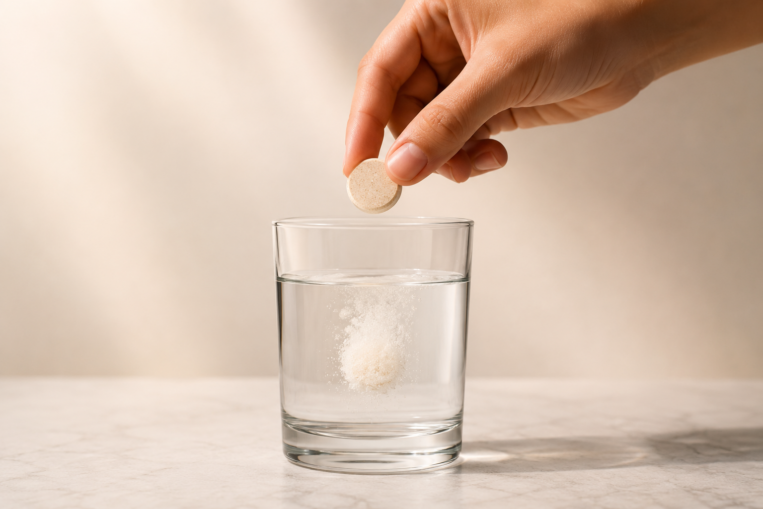 A hand dropping a tablet into a glass of water on a marble surface.