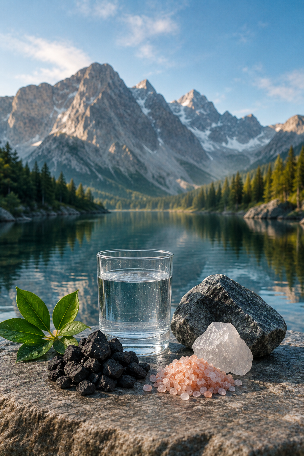 A clear glass of water placed on a large rock surrounded by black volcanic rocks, Himalayan salt, and a green leafy plant, with a lake, pine trees, and snow-capped mountains in the background under a blue sky.