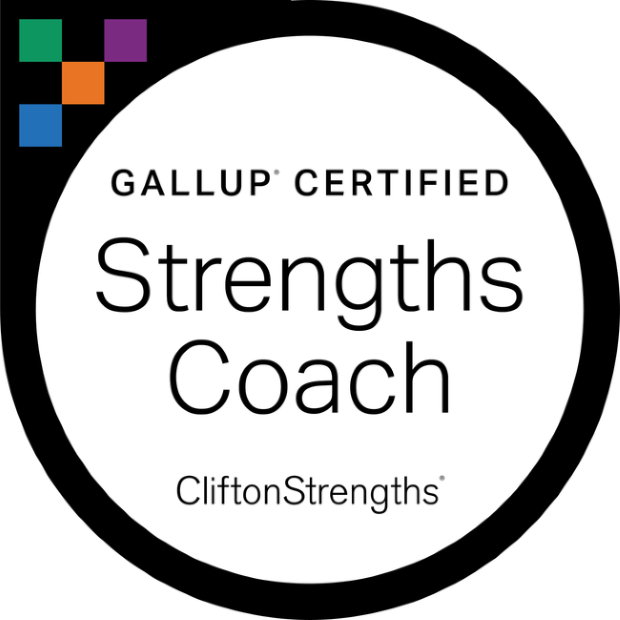Gallup Certified Strengths Coach badge with the text 'CliftonStrengths' on a black background.