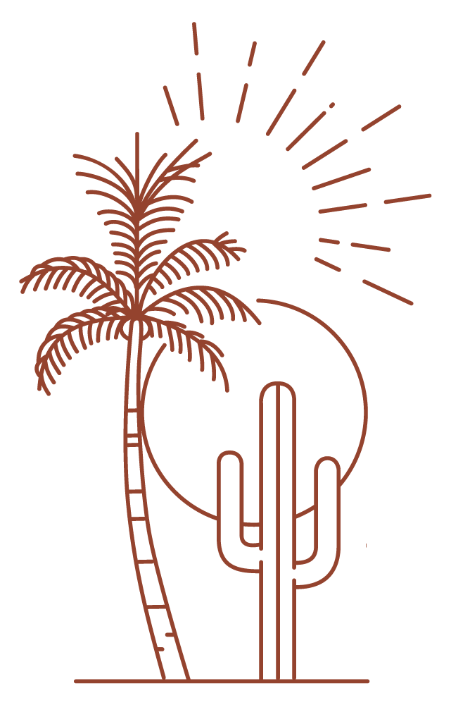 Minimalist line drawing of a palm tree, a cactus, and fireworks in the background.