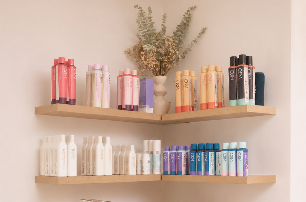 Wooden shelves with bottles of hair products and a vase with dried eucalyptus leaves.