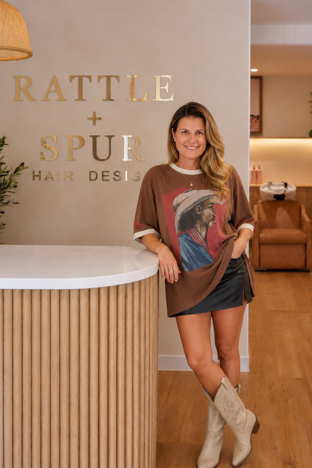Woman standing at a reception desk in a hair salon, wearing a graphic t-shirt, black skirt, and cowboy boots, smiling.