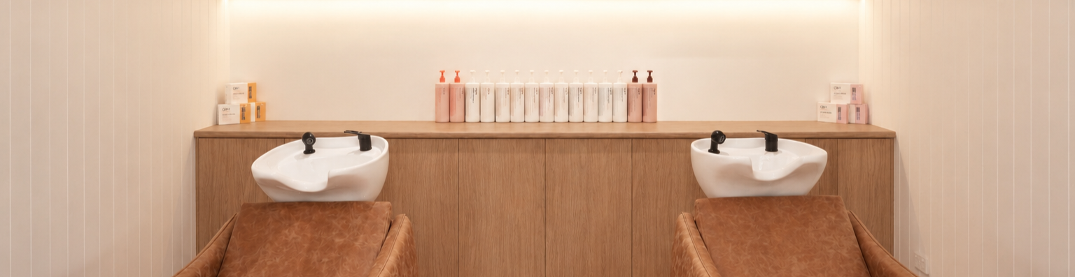 A salon setup with two hair washing sinks, brown chairs, a wooden counter, and various bottles of hair care products.
