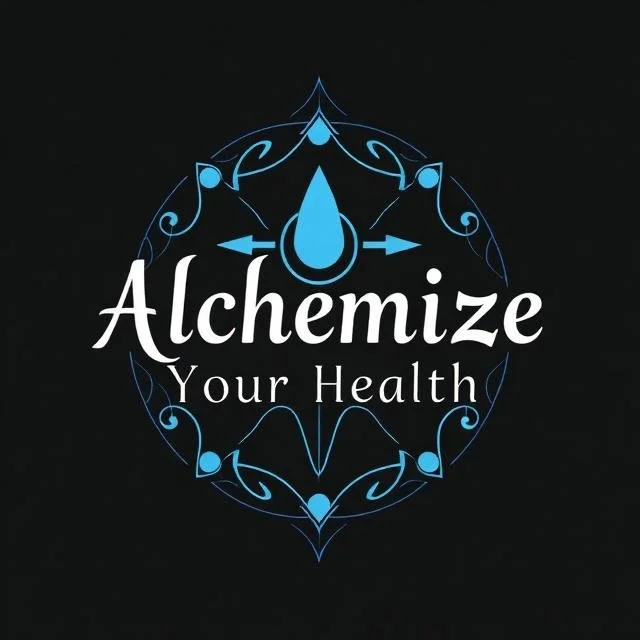A black background with a blue and white decorative design resembling a water droplet, surrounded by elegant flourishes. The text reads "Alchemize Your Health" in white, with "Alchemize" in a larger font and "Your Health" in smaller font below.