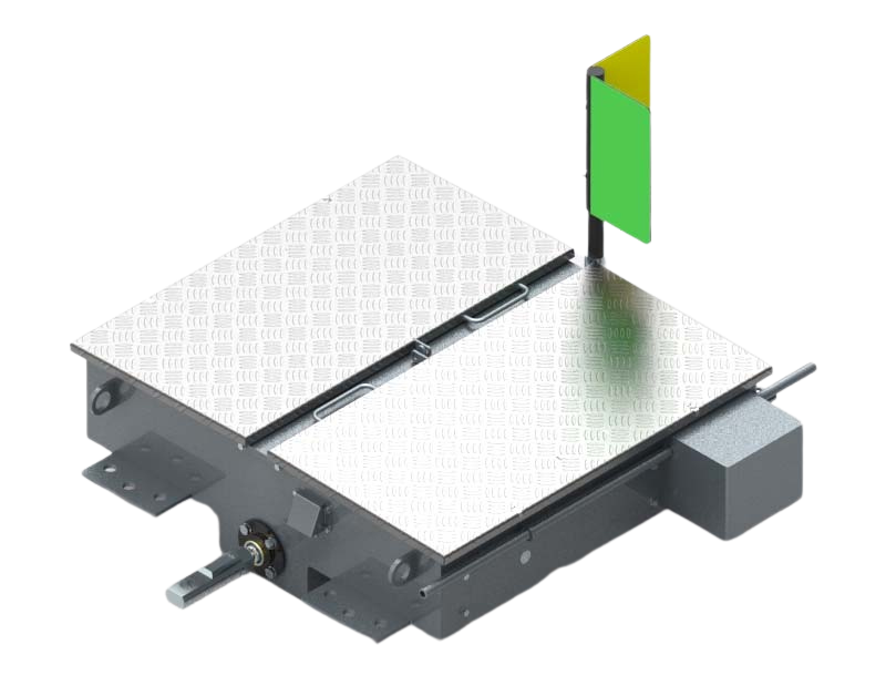 A metal device with a hinge, two sliding parts, and an adjustable arm. It appears to be a specialized piece of industrial or scientific equipment, possibly a stage or holder for precise measurements or testing.