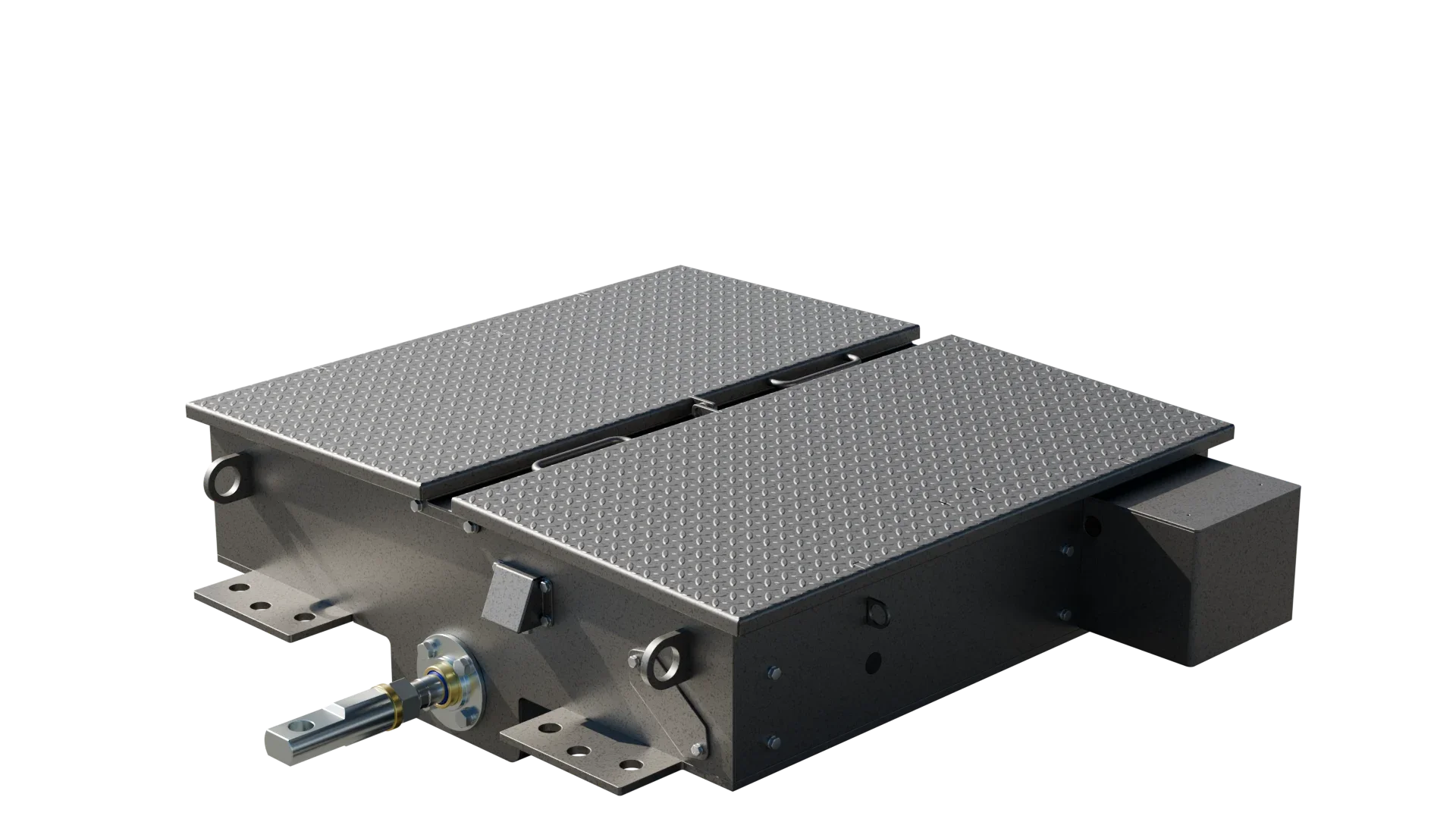 Metal platform with textured surface, attached to mechanical components and mounted on a sturdy base.